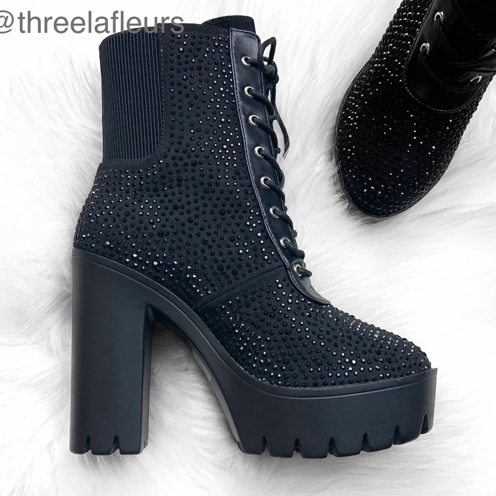 Rhinestone Embellished Lace-Up Lug Combat Boot